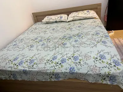 Queen wooden bed frame with mattress (used) - simple design