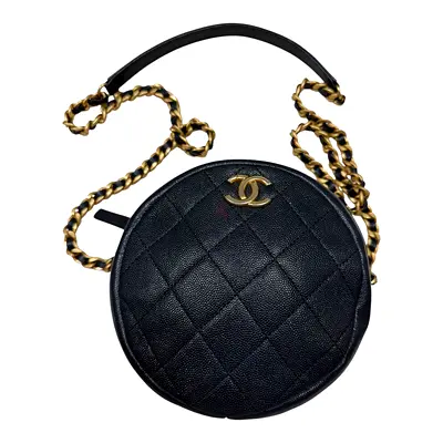 Authentic Chanel Navy Blue Quilted Caviar Leather Round Camera Crossbody Bag