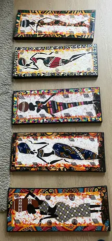 Set of 5 African-style Decorative Wall Panels — Wooden Framed Art