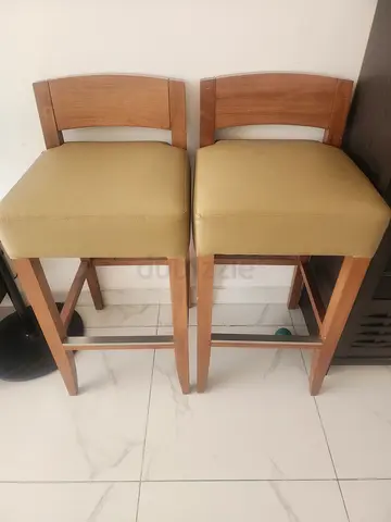 Set of 2 wooden bar chairs with beige upholstered seats