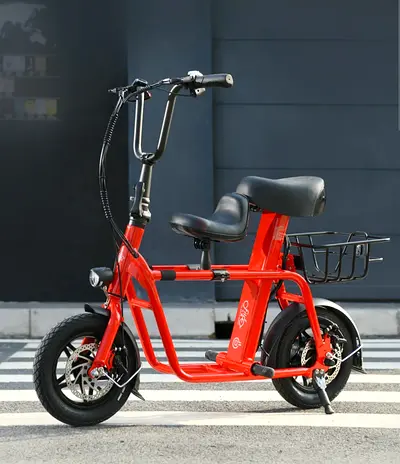 Compact Electric Mini Bike with Rear Seat and Basket - Red
