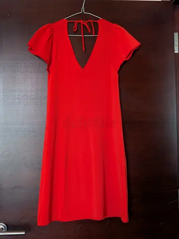 Vivid Orange V-neck Short Sleeve Midi Dress with Back Knot