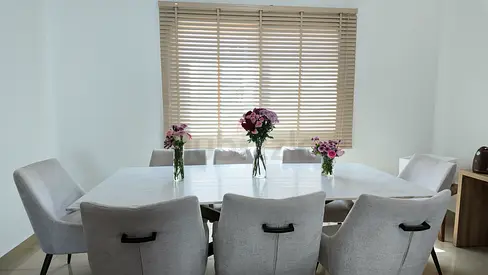 Light Grey Marble Dining Table with 8 Chairs