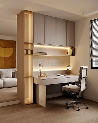 Built-in Home Office Desk with Overhead Cabinets and Shelving (Modern) — Light Oak Finish