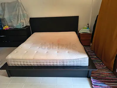 King Bed Frame with Mattress and Headboard - Dark Wood