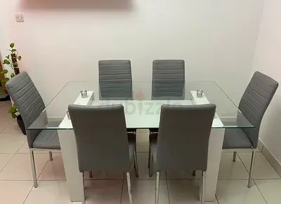 Modern Glass Top Dining Table with 6 Grey Chairs