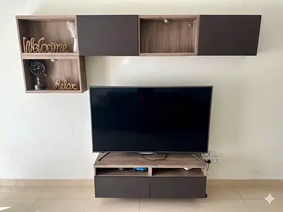 Modern Wall-mounted Entertainment Unit with TV Stand - Light Wood  Brown Finish