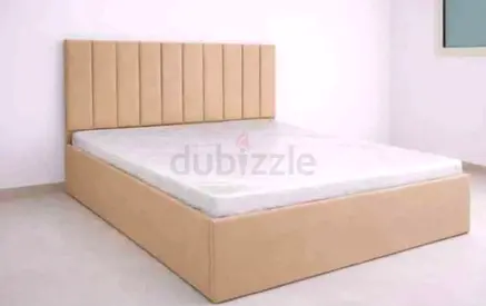 Beige Upholstered Double Bed with Headboard and Mattress