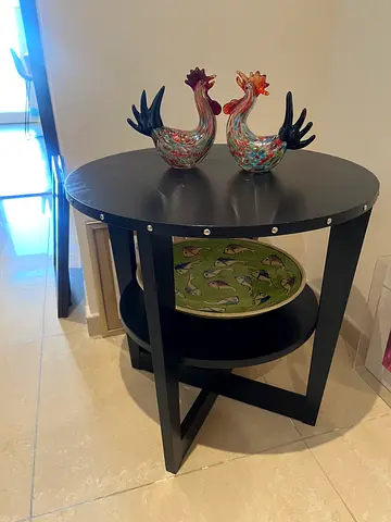 Round Black Side Table with Lower Shelf - Good Condition