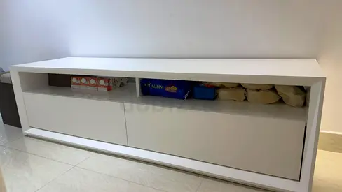Low white TV unit / media console with storage