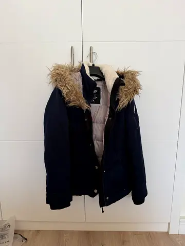 Women’s Navy Winter Parka Jacket with Fur Hood - Size M