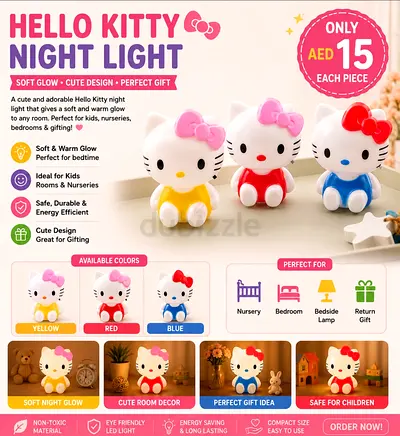 Hello Kitty Soft Night Light - Cute Kids Nursery Lamp (Yellow/Red/Blue)