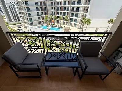 2-Seat Outdoor Balcony Lounge Set with Glass Coffee Table - Good Condition