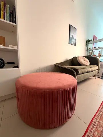 Round Pink Velvet Ottoman Pouf - Good Condition