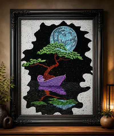 Framed Hand-Embroidered Surreal Tree  Moon Artwork