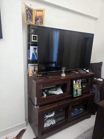 Dark Wood TV Stand with Storage Cabinets and Shelves - Good Condition