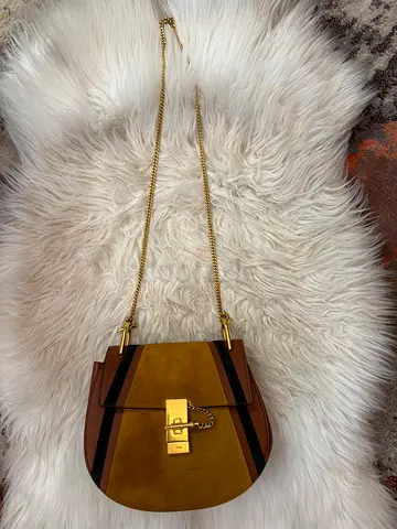 CHLOE Suede Calfskin Patchwork Drew Shoulder Bag Tobacco
