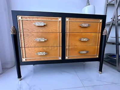 Mid-century Modern 6-Drawer Chest with Black Frame and Brass Accents