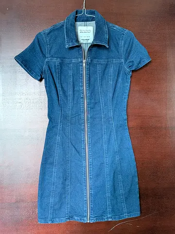Dark Blue Denim Zip-Front Short Sleeve Dress (Size S)