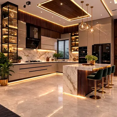 Modern Marble Kitchen Island with Built-in Cabinets and Bar Stools