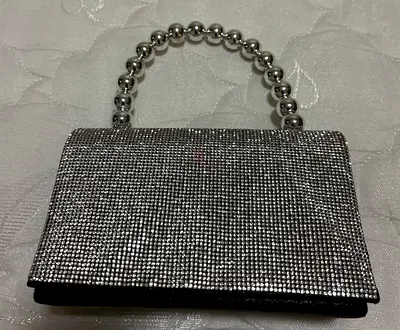 Silver Rhinestone Evening Handbag with Beaded Handle