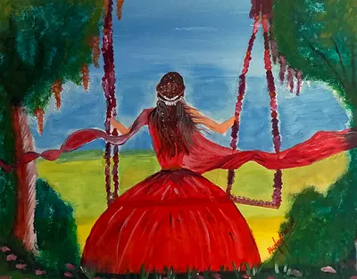 Acrylic Painting of Woman on Swing in Red Dress