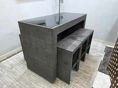 Outdoor Wicker Rattan Bar Table with 6 Stools - Grey