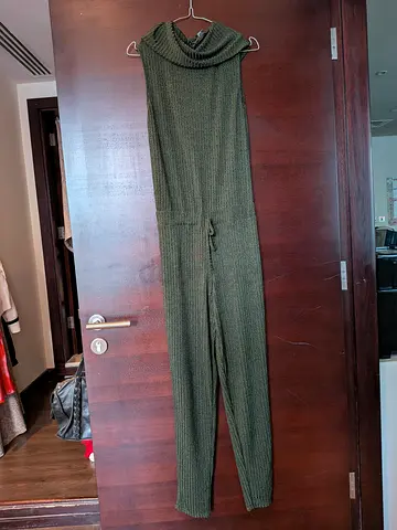 Olive green Missguided knit sleeveless jumpsuit with cowl neck, size S-M