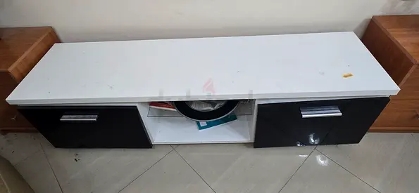 Low TV Cabinet / Entertainment Unit with Storage - White Top, Black Drawers