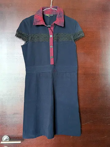 Great deal!! Maje Navy Short-Sleeve Dress with Burgundy Collar and Lace Trim - Size 2 (M)