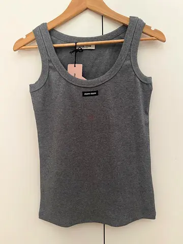 Miu Miu Grey Ribbed Tank Top with Logo