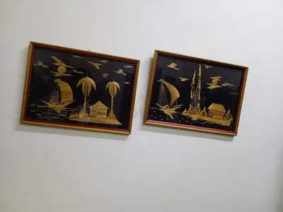 Vintage Golden Straw Art Framed Wall Decor - Pair