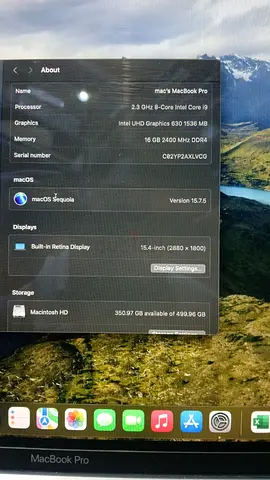 MacBook Pro 15.4 (2019) - Intel Core i9, 16GB RAM, 500GB SSD, Touch Bar