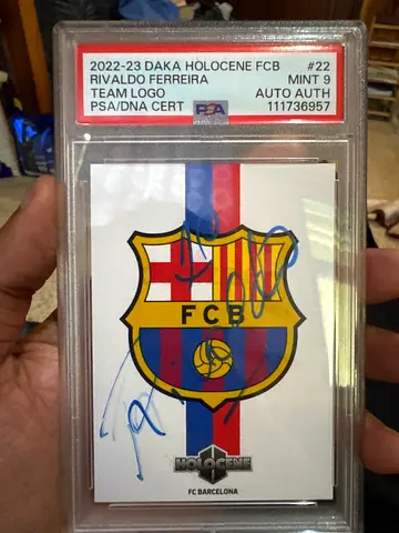 Rivaldo Signed 2022-23 Daka HoloFoil FC Barcelona Team Logo Card (PSA)