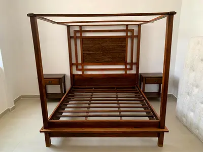 Excellent condition wooden bed without mattress with two side tables