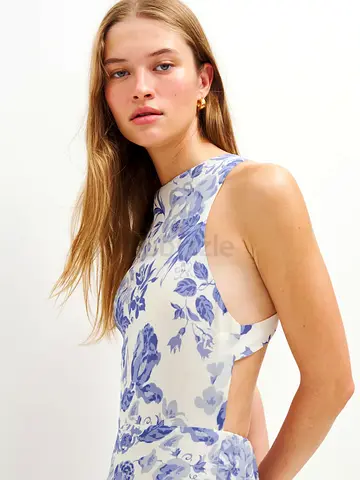Womens Sleeveless Floral Cutout Dress - Blue  White, Size S (36)