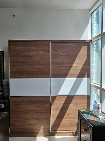 2-door Sliding Wardrobe in Wood Finish with White Accent