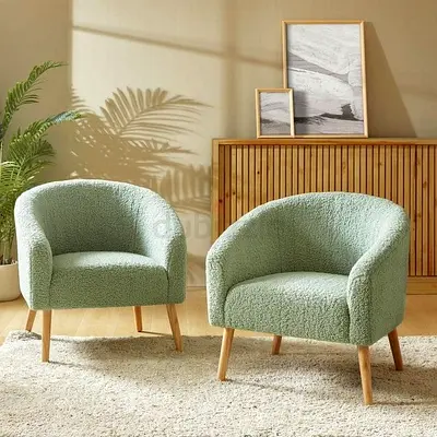 Pair of Sage Green Bouclé Accent Armchairs - Light Wood Legs