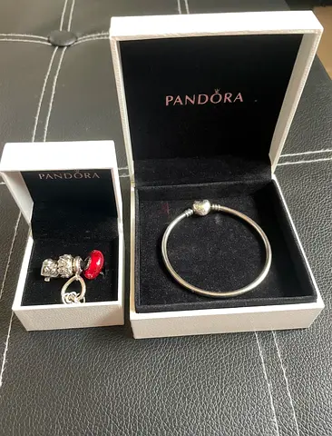 Pandora Silver Bracelet with 2 Charms (Red Murano  Spacer) - Used