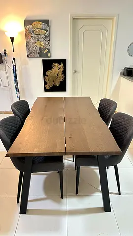 JYSK SKOVLUNDE Dining Table (Dark Oak, 90x160cm)  4 pcs PEBRINGE Dining Chairs (Fabric Foam Chairs)