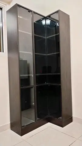 Corner Display Cabinet with Glass Doors — Dark Wood Finish