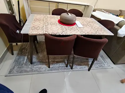Marble-top Dining Table with 6 Upholstered Chairs - Good Condition