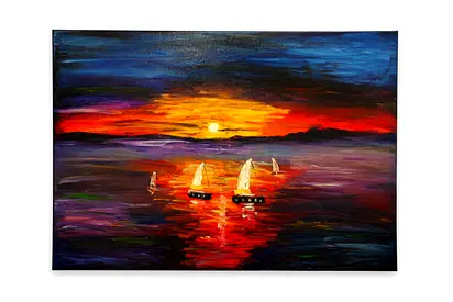 Original Seascape Oil Painting - Sailboats at Sunset (Framed Canvas) 70×90