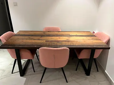 Solid Wood Dining Table with 4 Pink Upholstered Chairs - Modern Set
