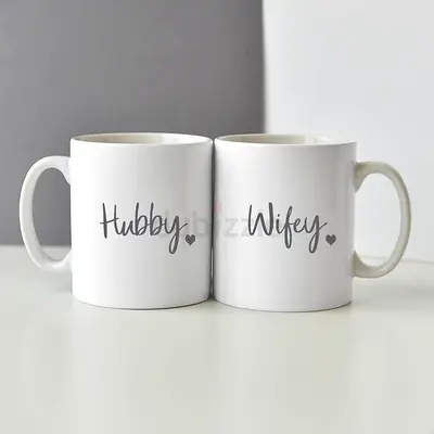 Set of 2 White Ceramic Hubby and Wifey Coffee Mugs