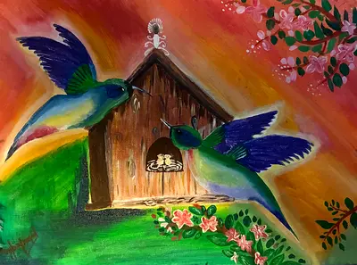 Acrylic Painting of Hummingbirds by a Birdhouse