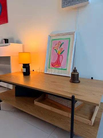 Oak TV Media Console with Open Shelves and Rattan Drawer