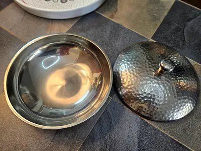 Stainless Steel Decorative Bowl with Hammered Lid - Excellent Condition
