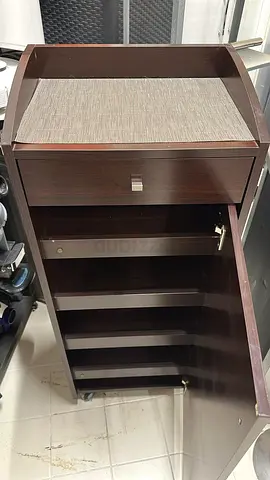 Dark wood shoe cabinet with top shelf and lockable door - good condition
