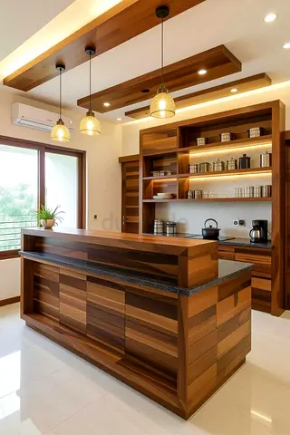 Modern Wooden Kitchen Island with Marble Countertop